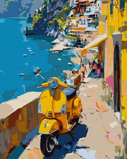 Morning Ride paint by number kit — artistic effect of a yellow Vespa on a Mediterranean coastal path in bright yellow, vivid turquoise and warm ochre tones
