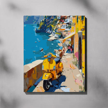 Morning Ride paint by number kit — completed canvas mockup of a yellow Vespa parked on a sun-drenched Mediterranean coastal path with turquoise water and colourful cliffside buildings
