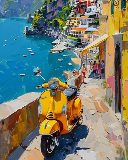 Yellow scooter parked on a scenic coastal street with colorful buildings and blue water.