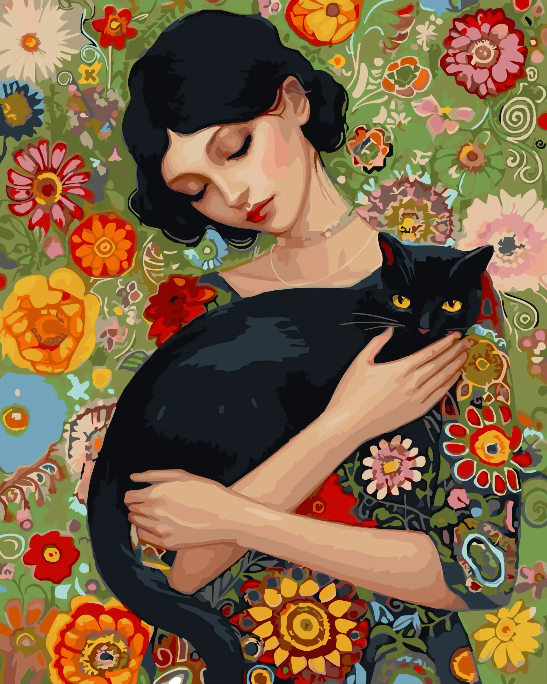 Woman holding a black cat amidst a colorful floral background