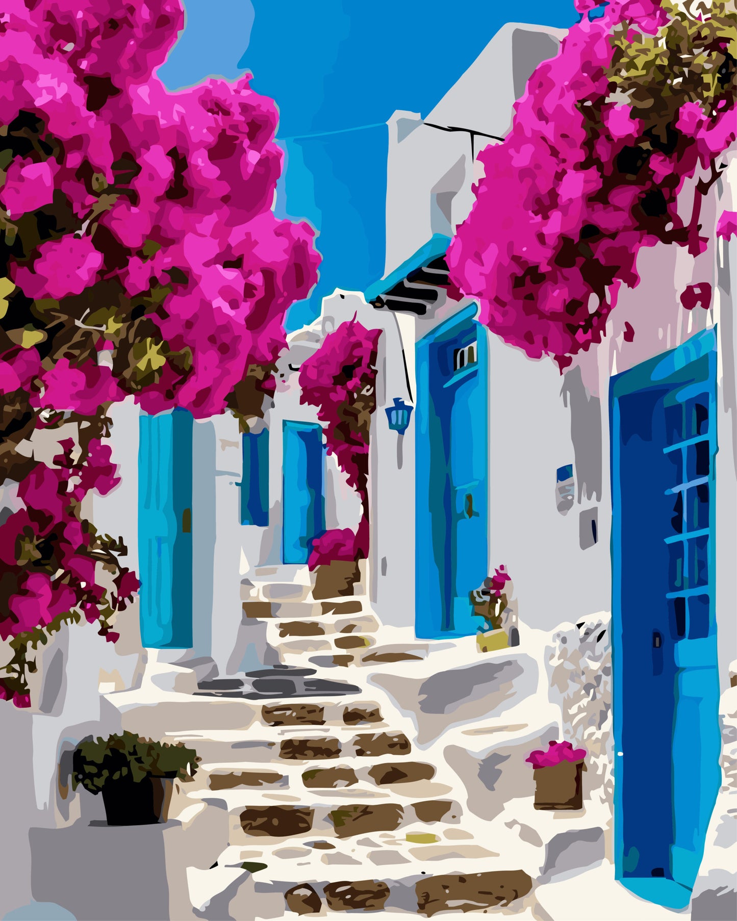 Colorful street scene with white buildings, blue doors, and pink flowers in a Mediterranean setting.