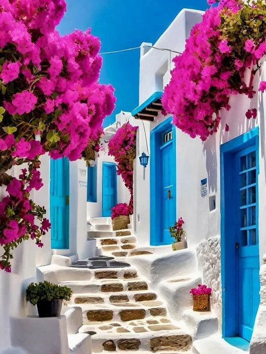 Colorful Greek street with white buildings, blue doors, and pink bougainvillea.