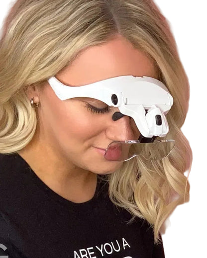 Woman wearing magnifying glasses with adjustable lenses