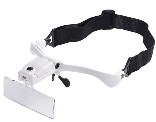 White magnifying glass with black strap on a white background