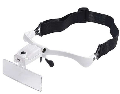 White magnifying glass with black strap on a white background