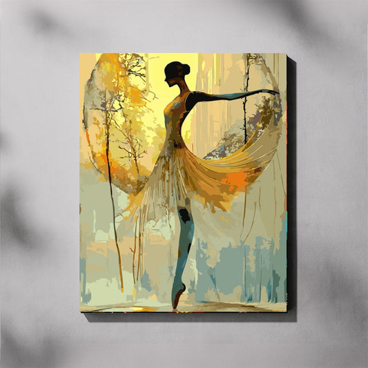 Abstract painting of a dancer with flowing robes against a natural background