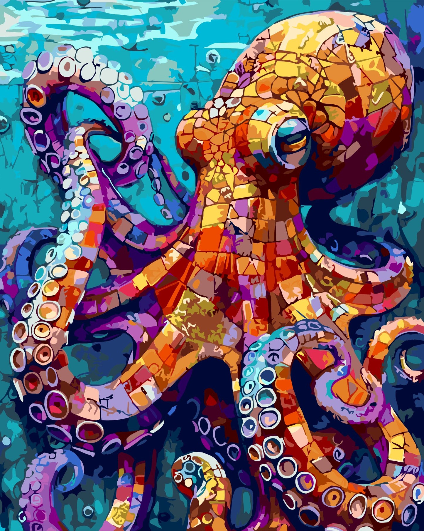 Octopus Teacher paint by number kit — mosaic stained glass octopus with swirling tentacles in orange, purple, magenta and gold against a teal blue ocean background
