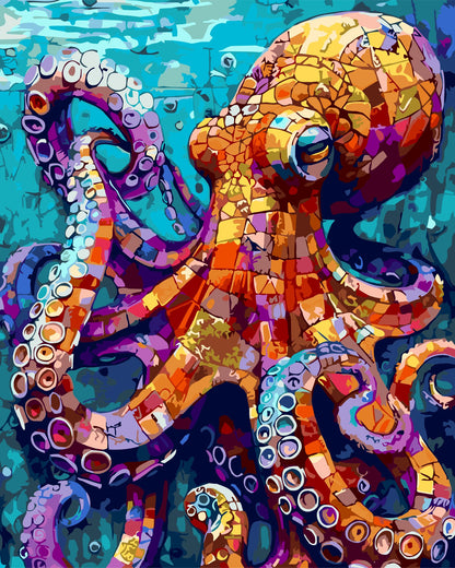 Octopus Teacher paint by number kit — mosaic stained glass octopus with swirling tentacles in orange, purple, magenta and gold against a teal blue ocean background
