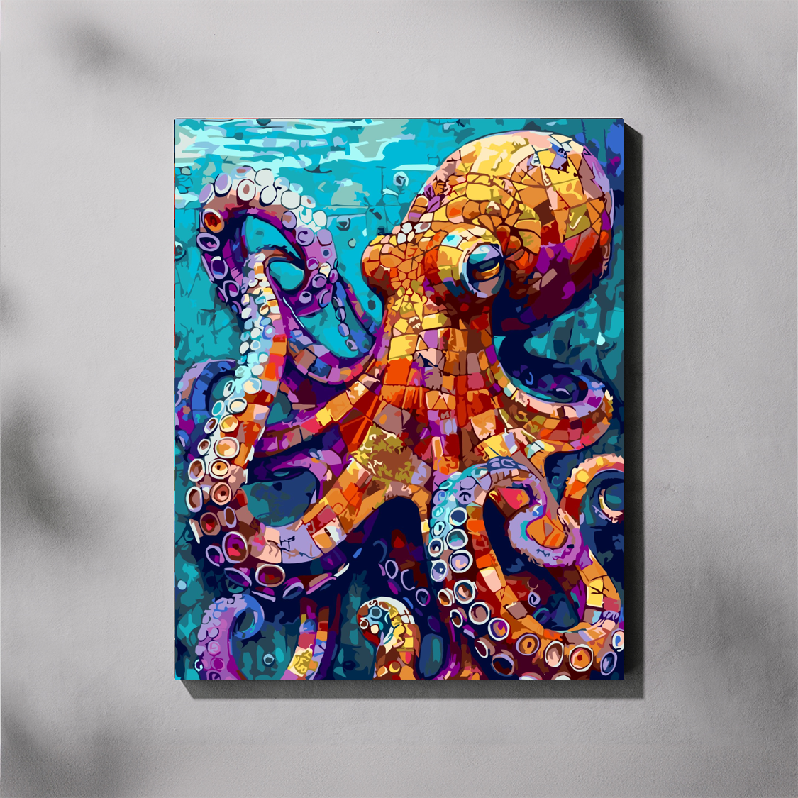 Octopus Teacher paint by number kit — completed canvas mockup of a mosaic-style octopus in orange, purple, magenta and gold on a vivid teal ocean background