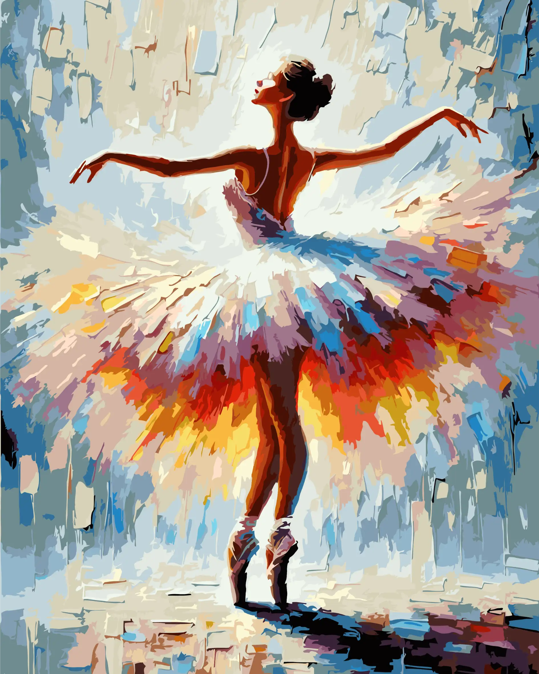 Colorful abstract painting of a ballerina in a tutu