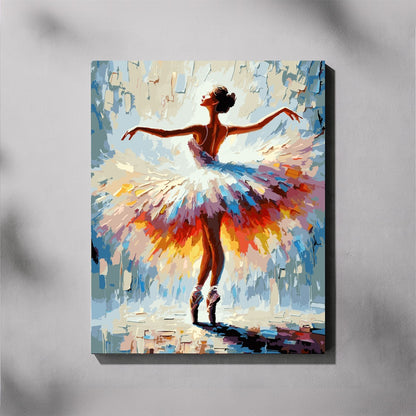 Colorful abstract painting of a ballerina on a gray background