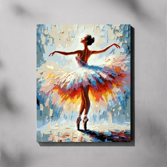 Colorful abstract painting of a ballerina on a gray background