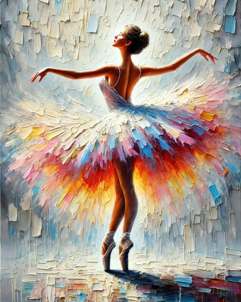 Colorful painting of a ballerina with a multicolored skirt against a textured background