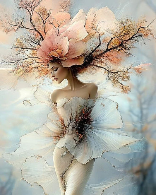 Artistic depiction of a woman with floral and tree elements in a surreal setting