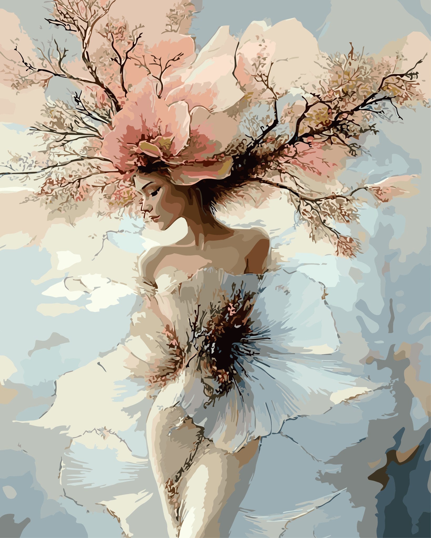 Artistic depiction of a woman with floral and tree branch elements in a soft color palette.