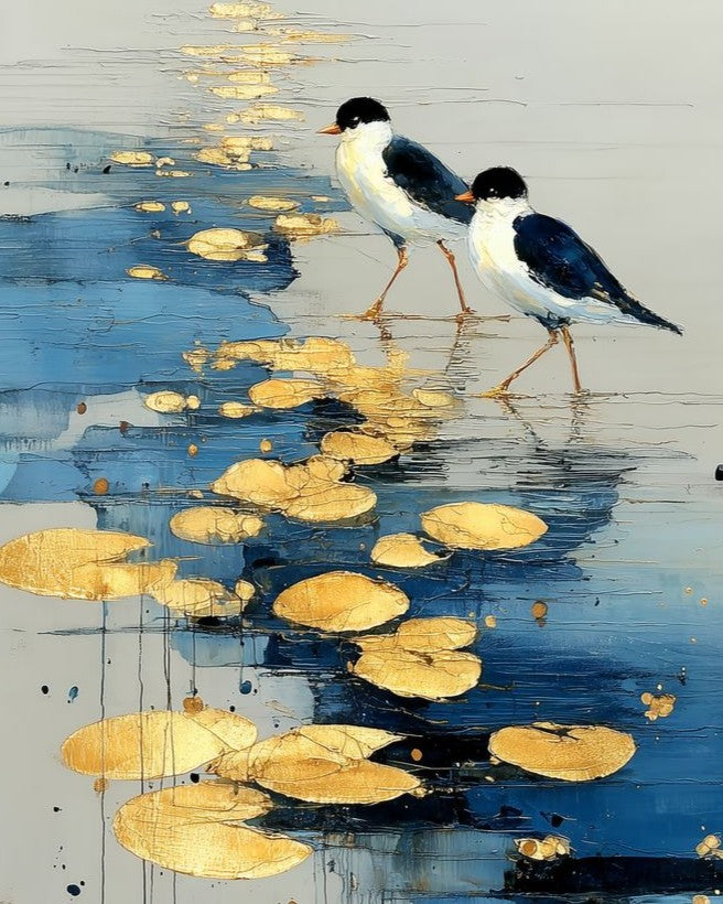 A stylized painting of two black-and-white birds standing in reflective blue water with scattered gold lily pads and gold paint drips.