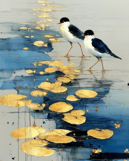A stylized painting of two black-and-white birds standing in reflective blue water with scattered gold lily pads and gold paint drips.
