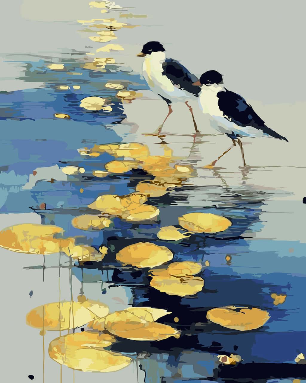 A paint by number design of two black-and-white birds standing in shallow blue water with yellow lily pads and reflections.