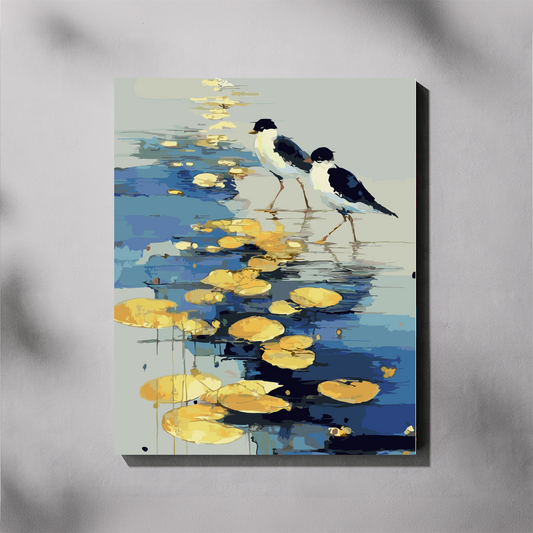 A paint by number design depicting two black and white birds standing in blue water with yellow lily pads, shown hanging on a light gray wall with soft shadow overlays.