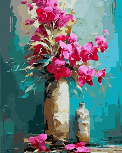 Artistic depiction of pink orchid flowers in a vase against a teal background