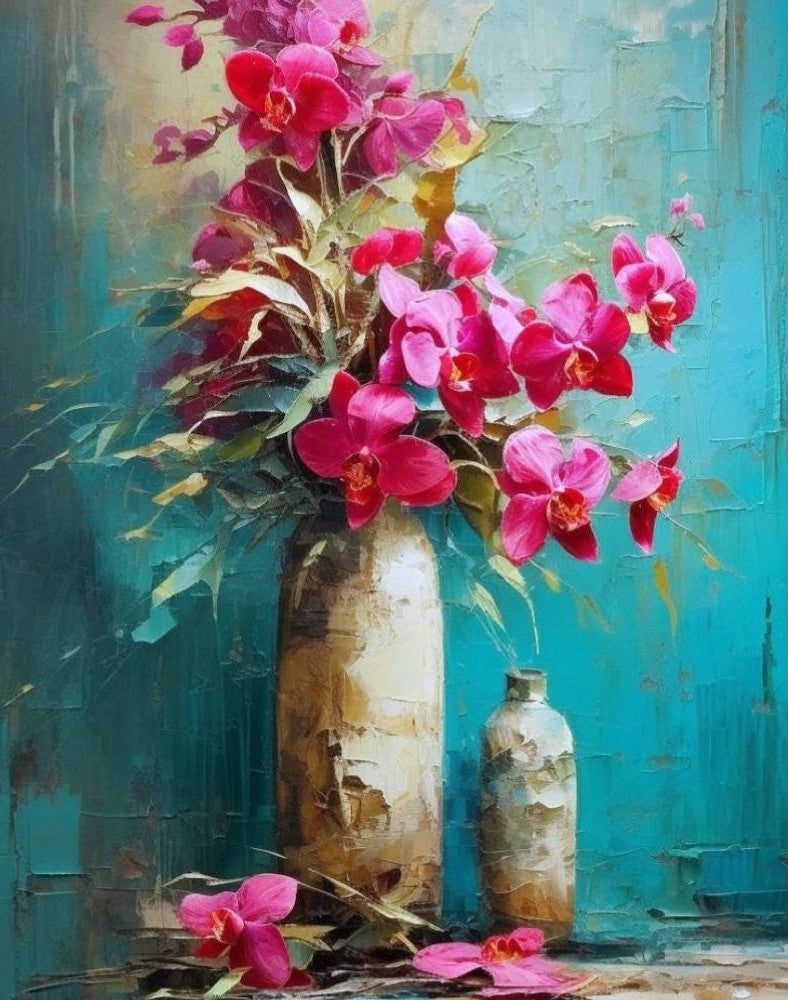 Artistic depiction of pink orchid flowers in a vase against a textured blue background