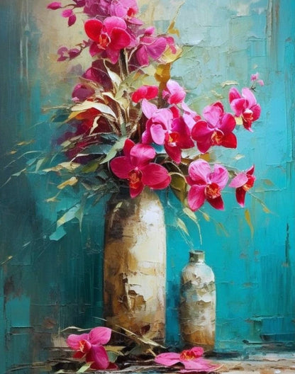 Artistic depiction of pink orchid flowers in a vase against a textured blue background