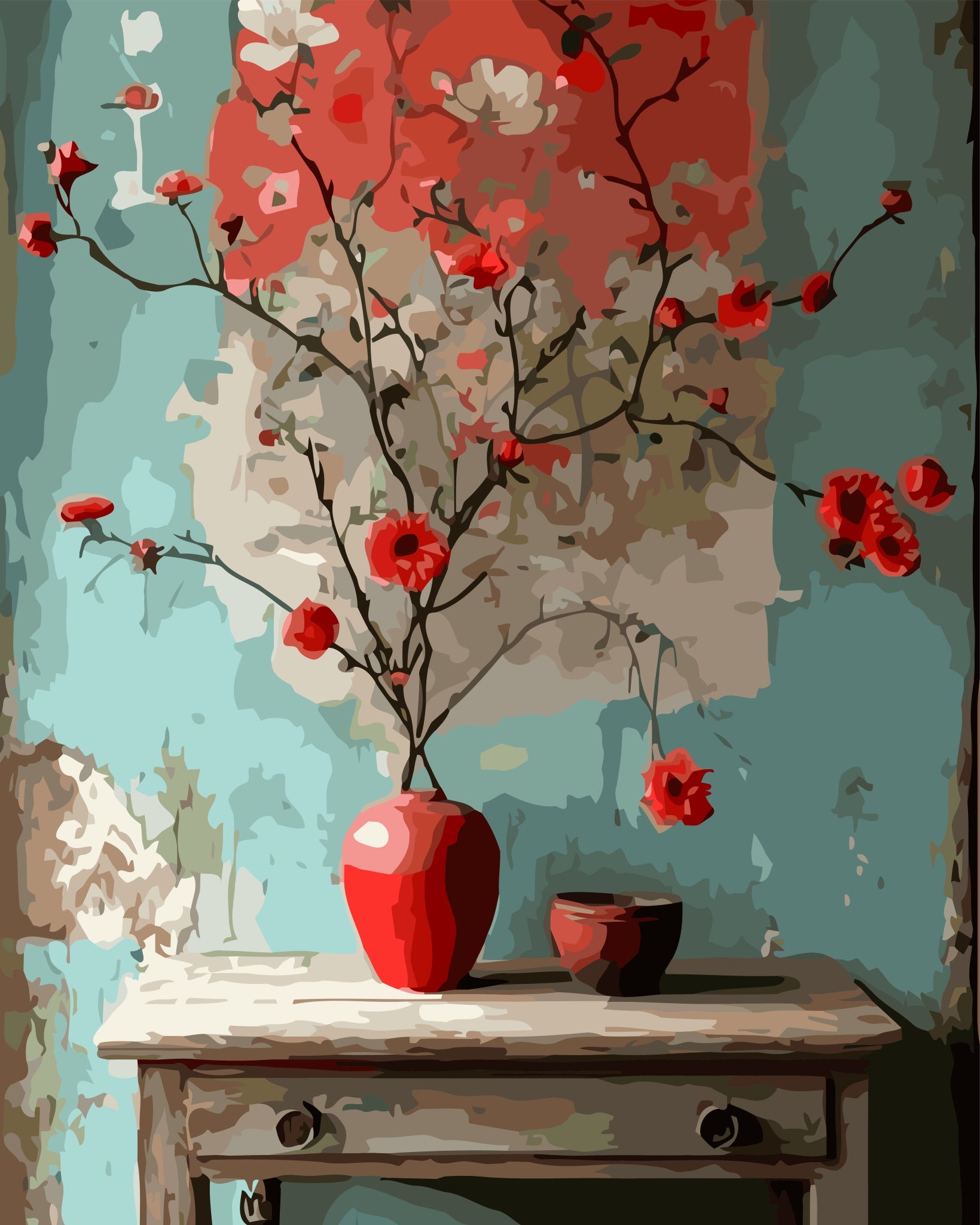 Decorative painting of a red vase with flowers on a textured wall.