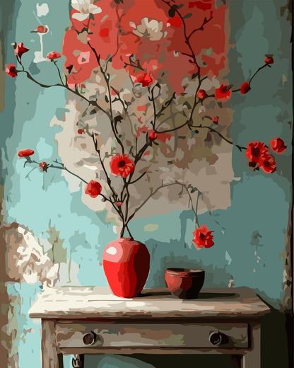 Decorative painting of a red vase with flowers on a textured wall.