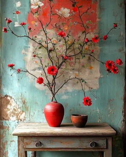 Red vase with flowers on a wooden table against a textured wall.