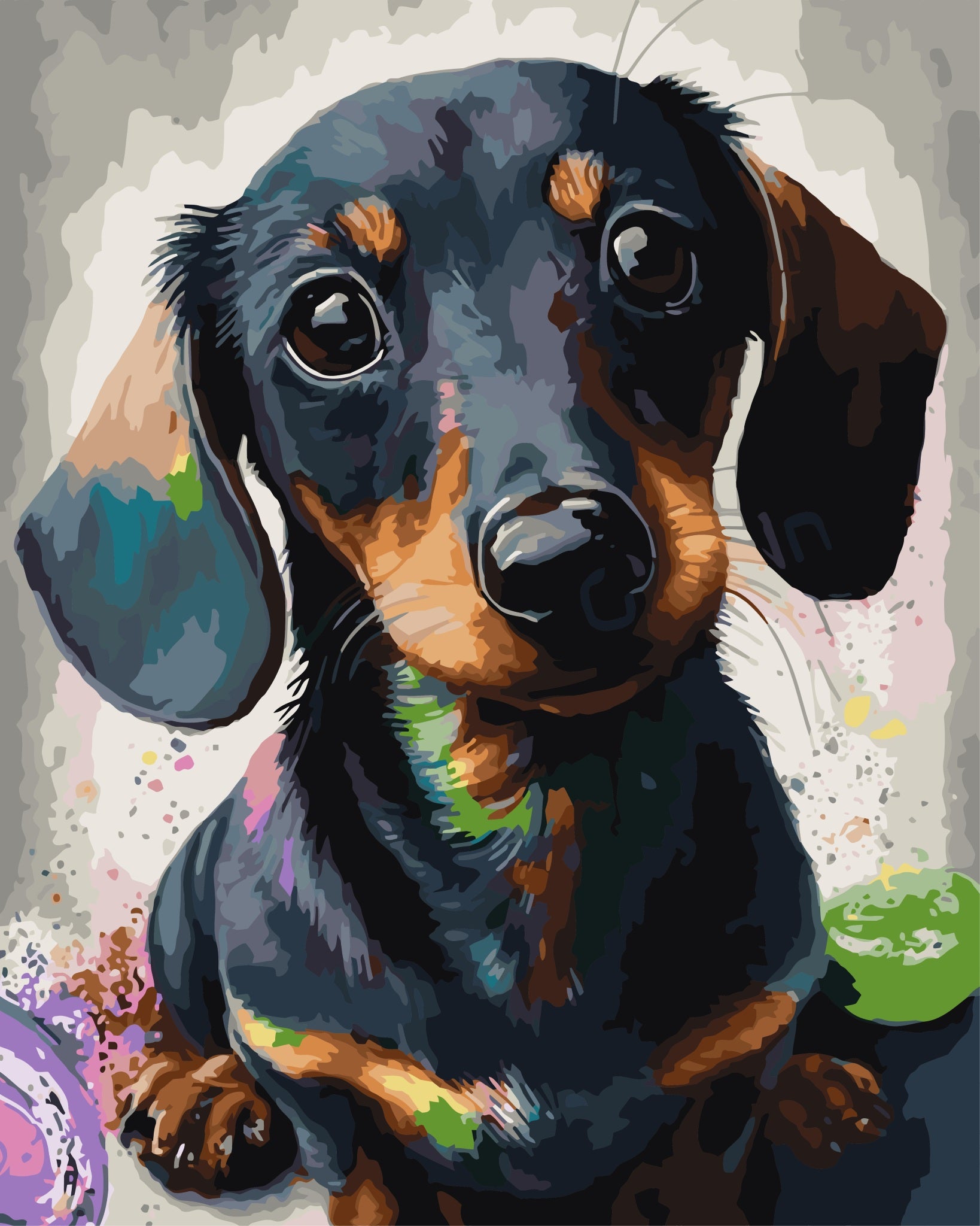 Painting of a dachshund puppy with a colorful background