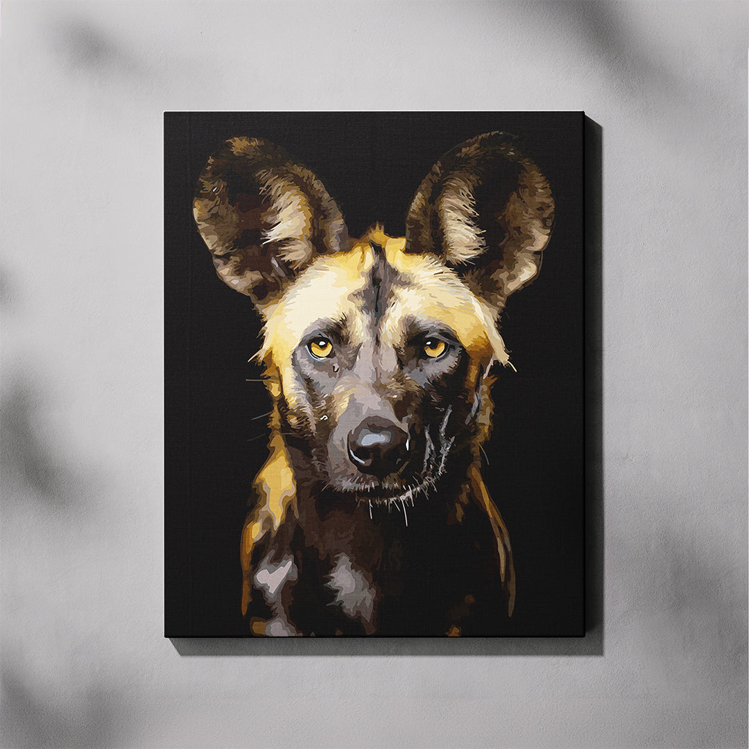 Canvas print of a wild dog's face on a gray background