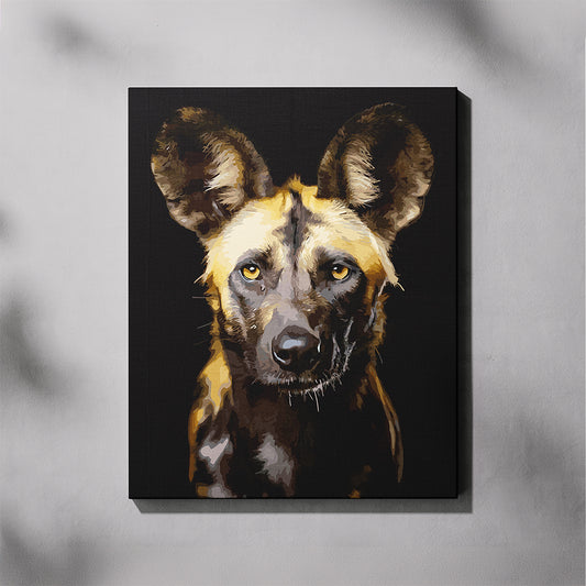Canvas print of a wild dog's face on a gray background