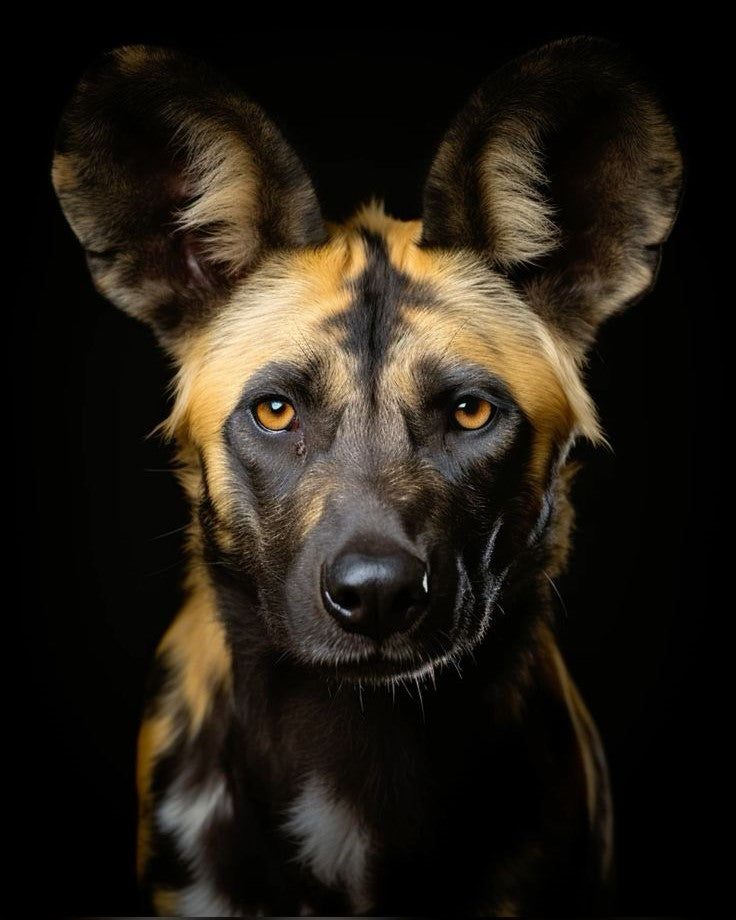 Wild dog with distinct markings on a black background