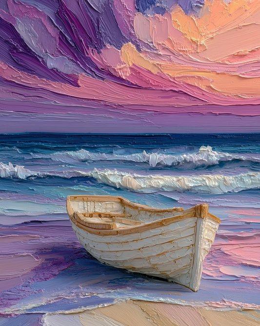 Impressionistic painting of a small white wooden boat on a beach at sunset, with purple, pink, and blue ocean waves and a dramatic sky.