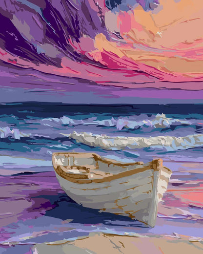 A paint by number kit of a small white rowboat on a beach at sunset, with purple, pink, orange, and blue sky and ocean waves in the background.
