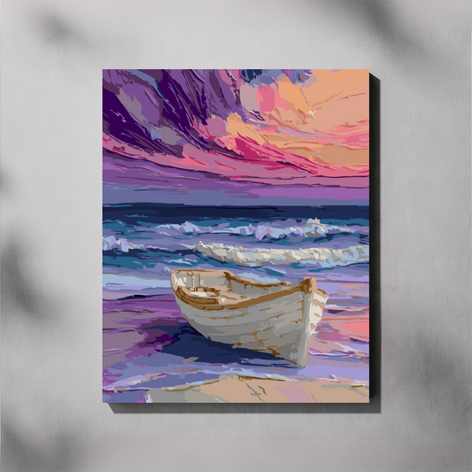 A canvas paint by number of an abstract seascape painting, featuring a white rowboat on a beach under a dramatic purple, pink, and orange sky. The canvas is displayed on a light gray wall with soft leaf shadows.