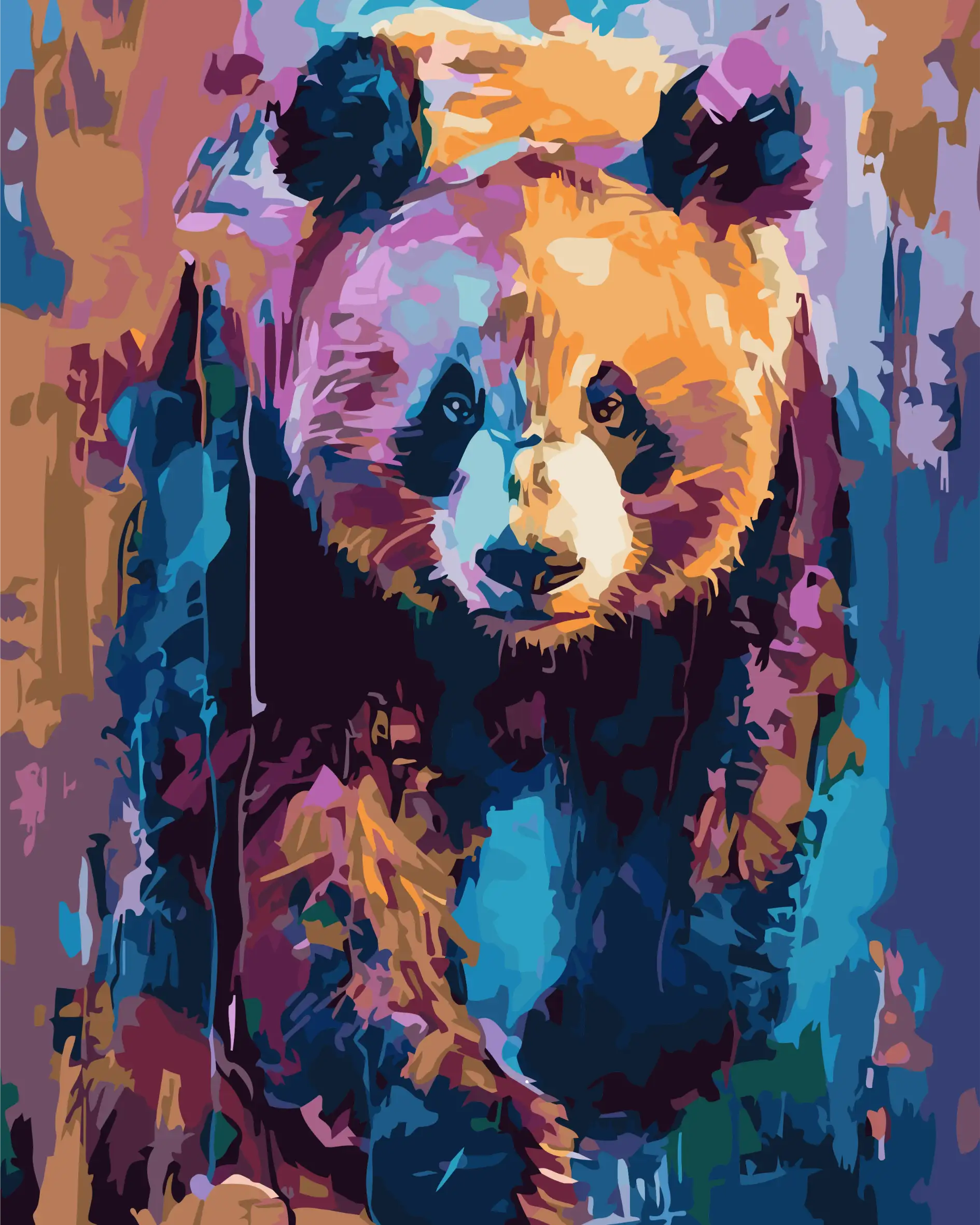 Colorful abstract painting of a panda bear's face