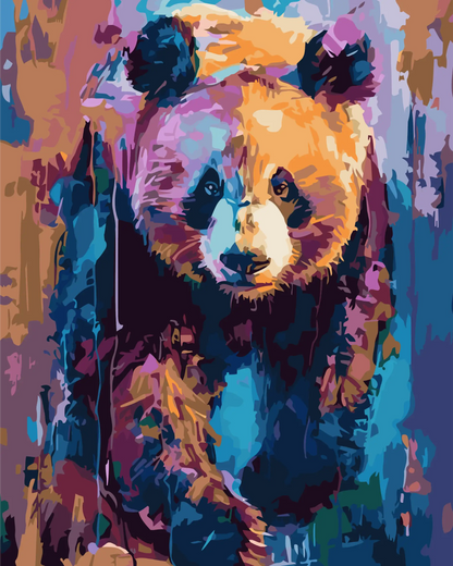 Colorful abstract painting of a panda bear's face