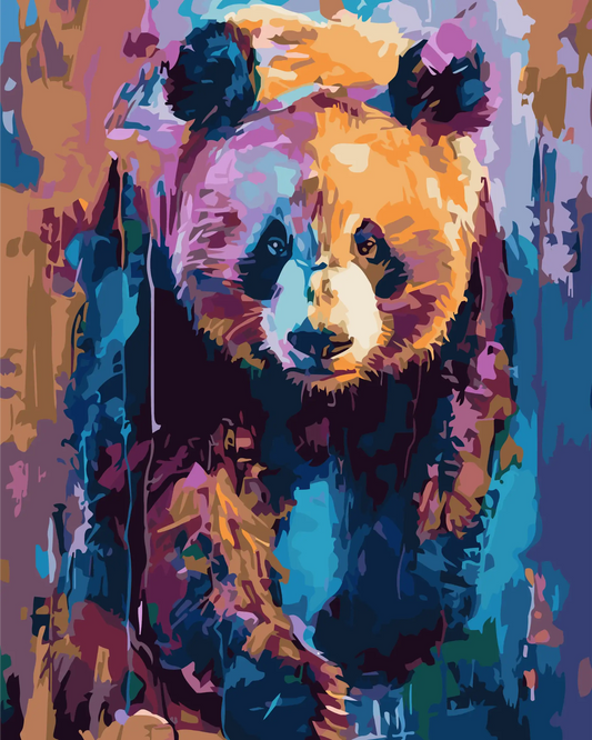 Colorful abstract painting of a panda bear's face