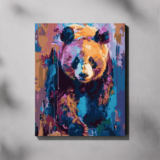 Colorful abstract painting of a panda bear on a grey background