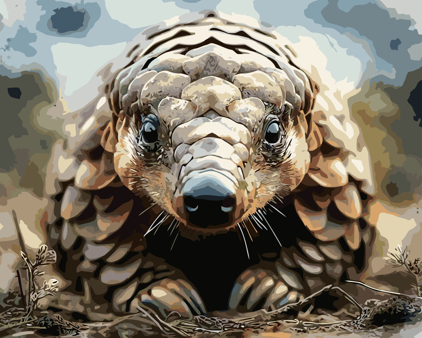 Pangolin paint by number kit — painterly effect of a pangolin close-up with warm beige and taupe scales against a soft blue-grey background