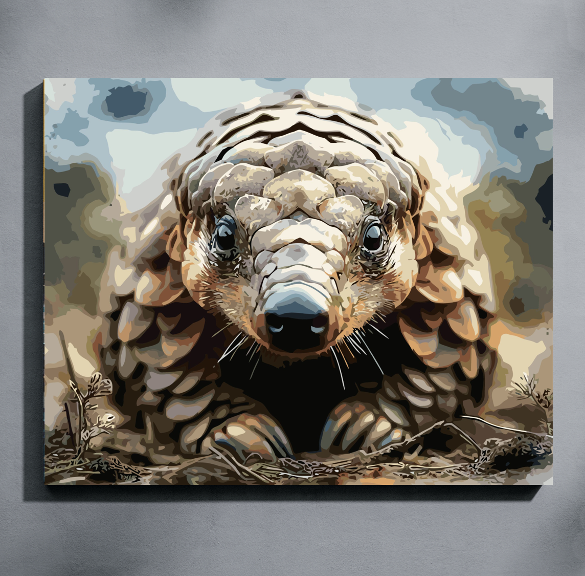 Pangolin paint by number kit — completed canvas mockup of a close-up pangolin portrait with warm beige scales and blue-grey eyes