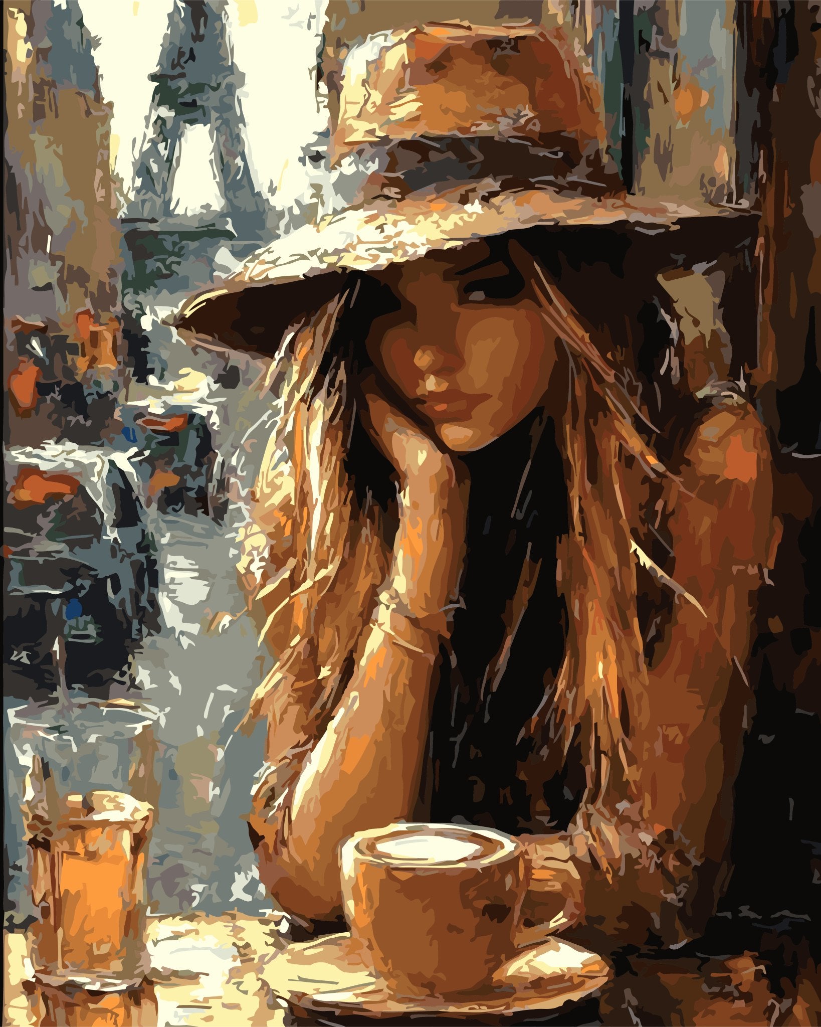 Paris Café paint by number kit — effect image of a woman in a wide-brim hat at a Parisian café with a latte and candle in warm golden caramel tones