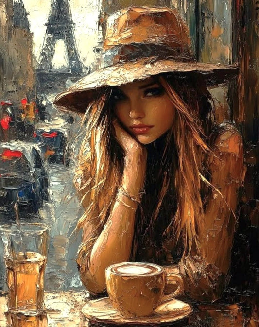 Paris Café paint by number kit — effect image of a woman in a wide-brim hat at a Parisian café with a latte and candle in warm golden caramel tones
