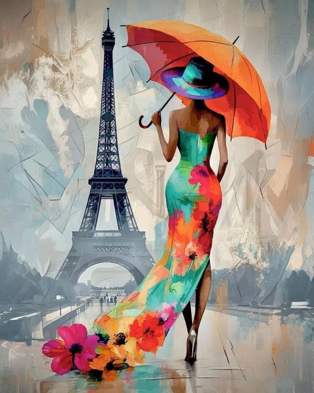Woman in a colorful dress and hat holding an umbrella with the Eiffel Tower in the background