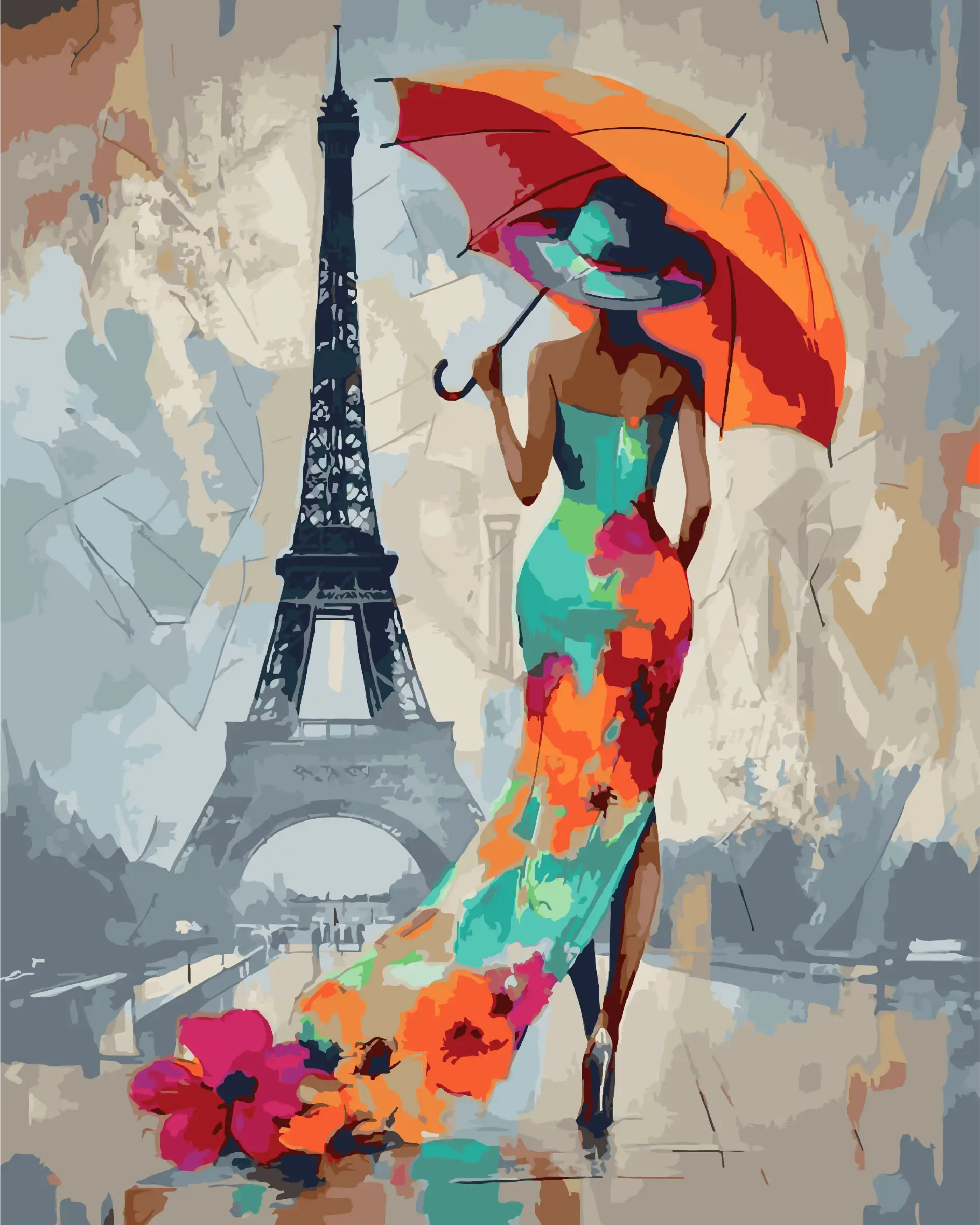 Colorful illustration of a woman with an umbrella and the Eiffel Tower in the background