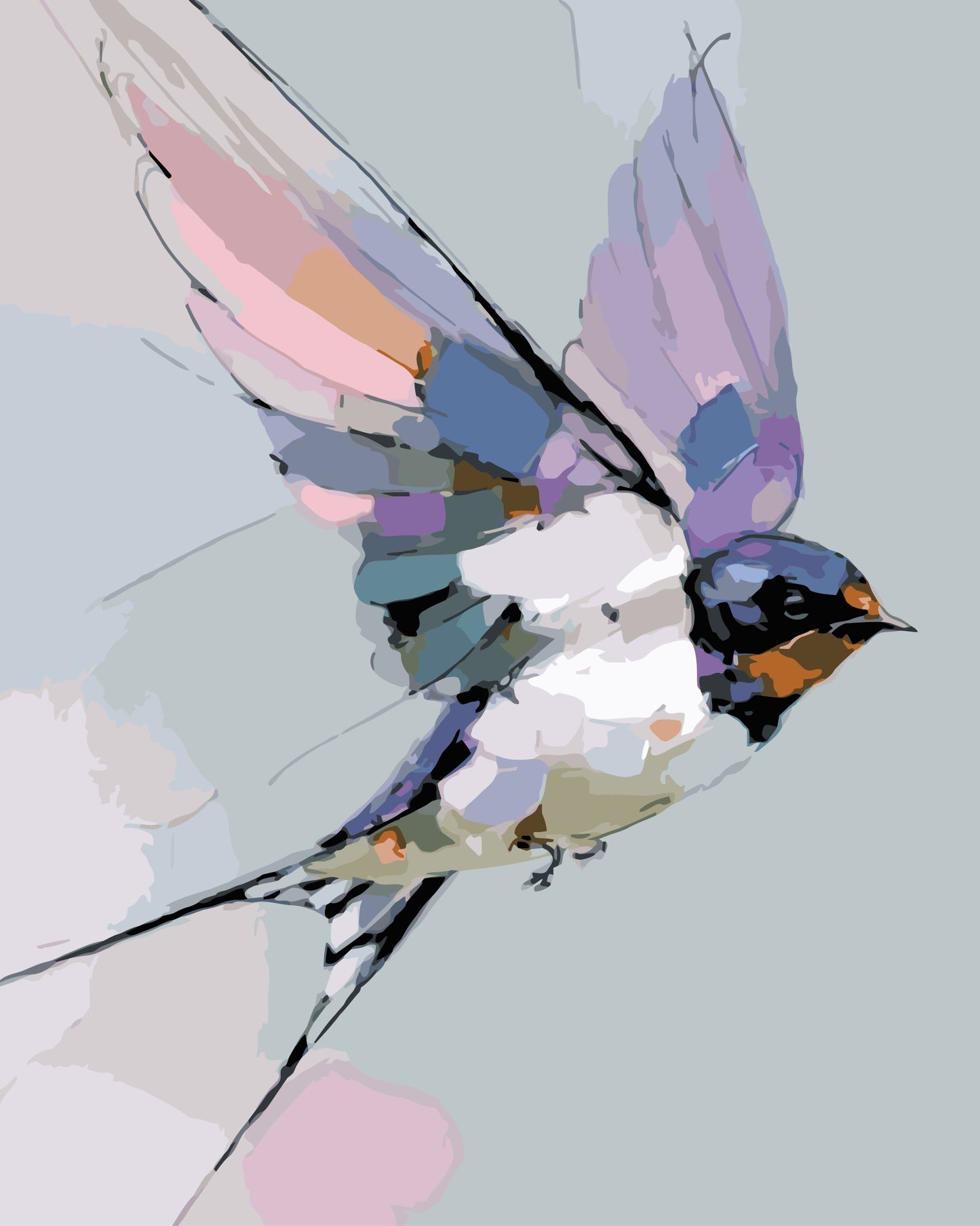 Pastel Swallow paint by number kit — painterly effect of a barn swallow in flight with loose impressionist brushstrokes in pastel tones
