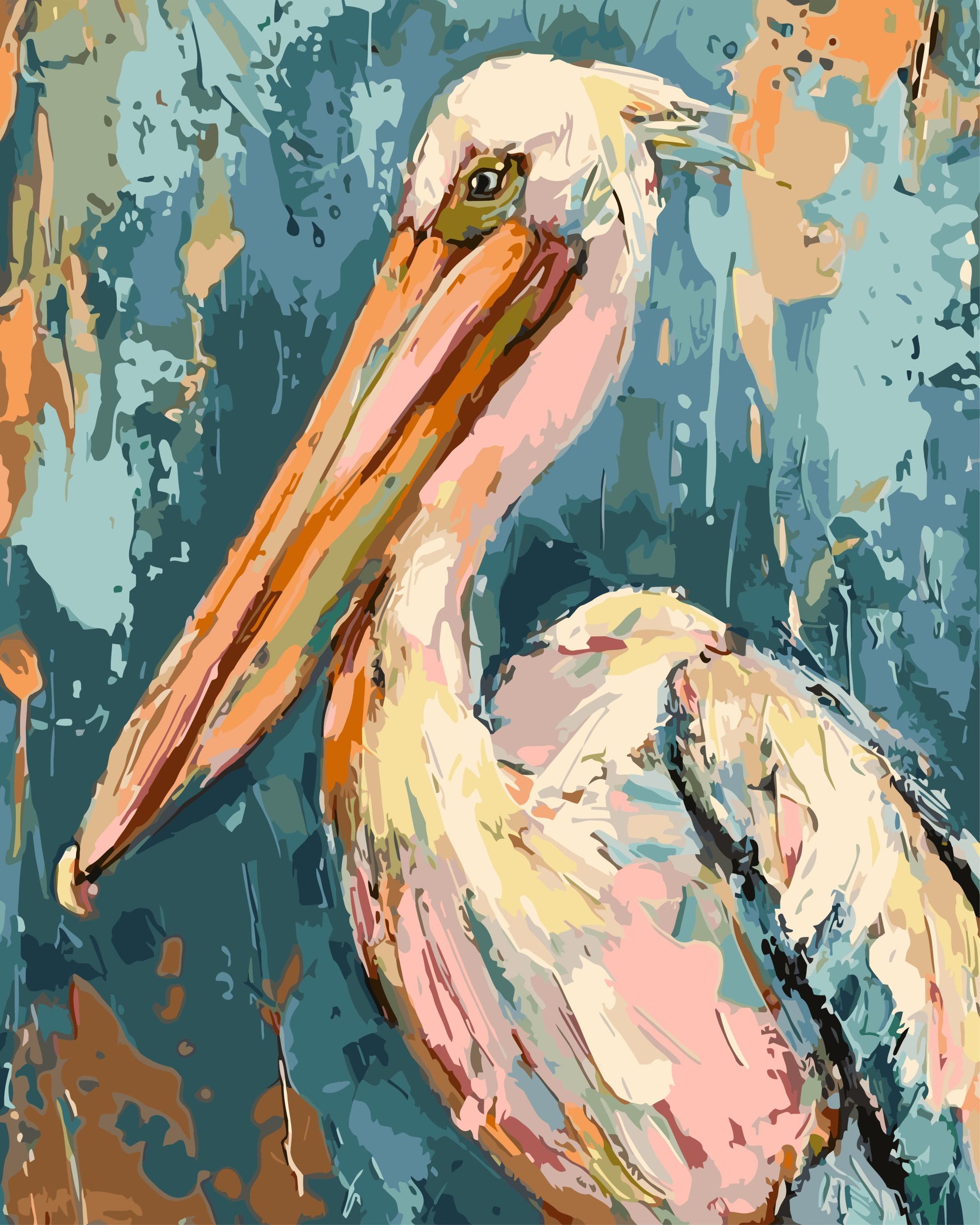 Colorful painting of a pelican on a textured blue background