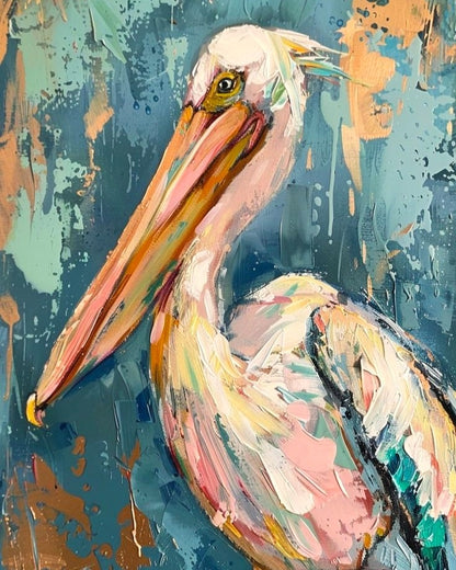Colorful painting of a pelican on a textured blue background