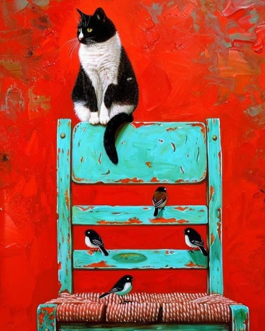 Cat sitting on a colorful chair with bird illustrations against a red background